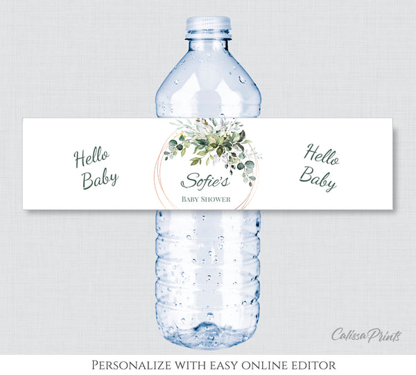 Baby Shower Water Bottle Label Editable Template, Greenery Bouquet Theme, Baby06 - CalissaPrints