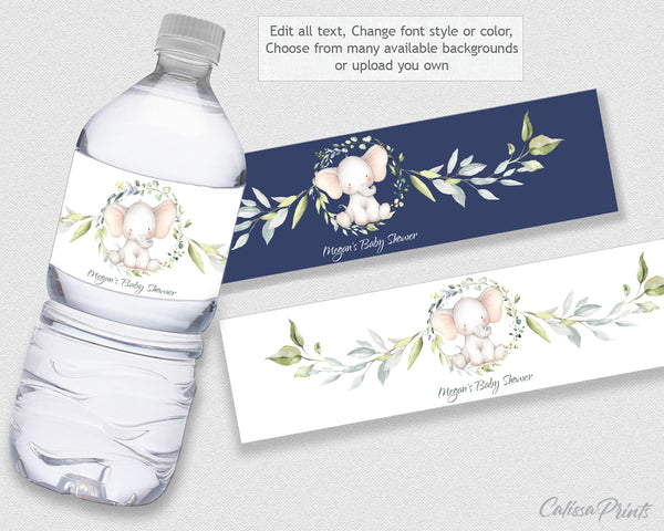 Baby Shower Water Bottle Label Editable Template, Little Elephant Theme, Baby12 - CalissaPrints