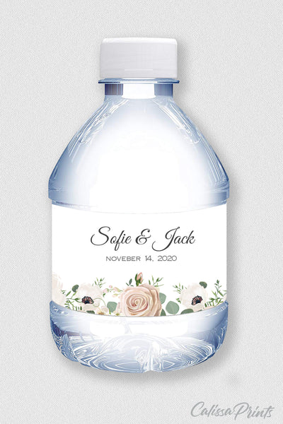 Wedding Water Bottle Label Editable Template, Anemone Rose Flower Green Leaves Design, Amelia Collection WED02 - CalissaPrints