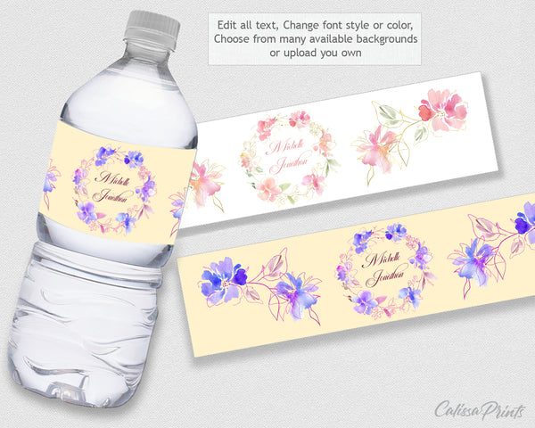 Wedding Water Bottle Label Editable Template, Soft Blush Pink Gold Flowers Design, Marisol Collection WED04 - CalissaPrints